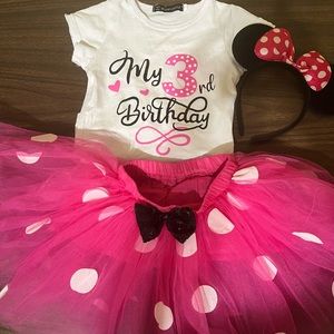 Minnie Mouse Happy Birthday Shirt With Skirt and Minnie Mouse Ears.